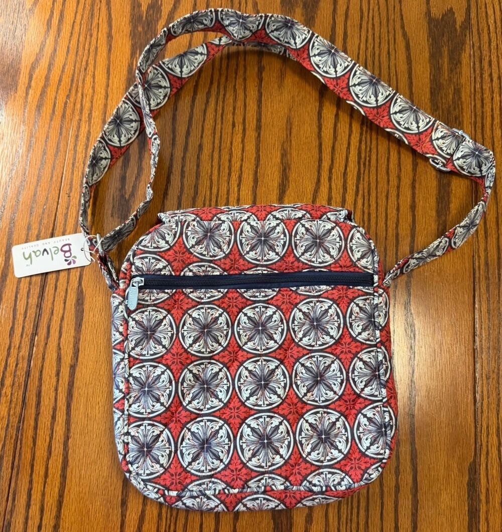 Belvah Crossbody Quilted Red Blue White Pattern Crossbody Messenger Bag NWT